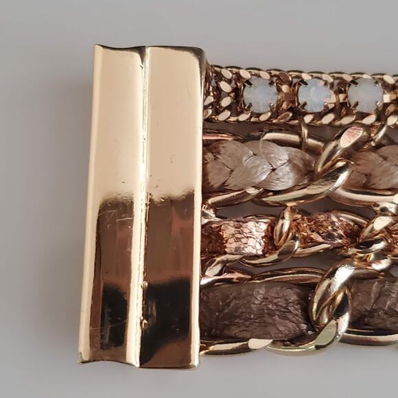 Wide Link Bracelet with Leather and Faux Opals Gold Tone Magnetic Clasp - Picture 4 of 8